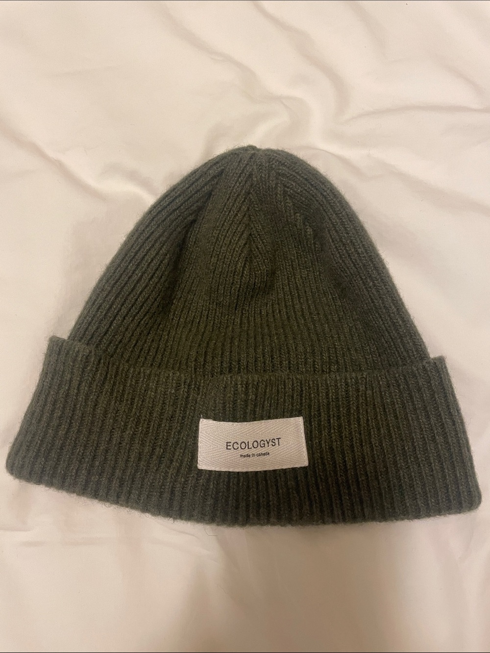 Unisex Olive Green Rib Knit Beanie in wool and cashmere by Ecologyst